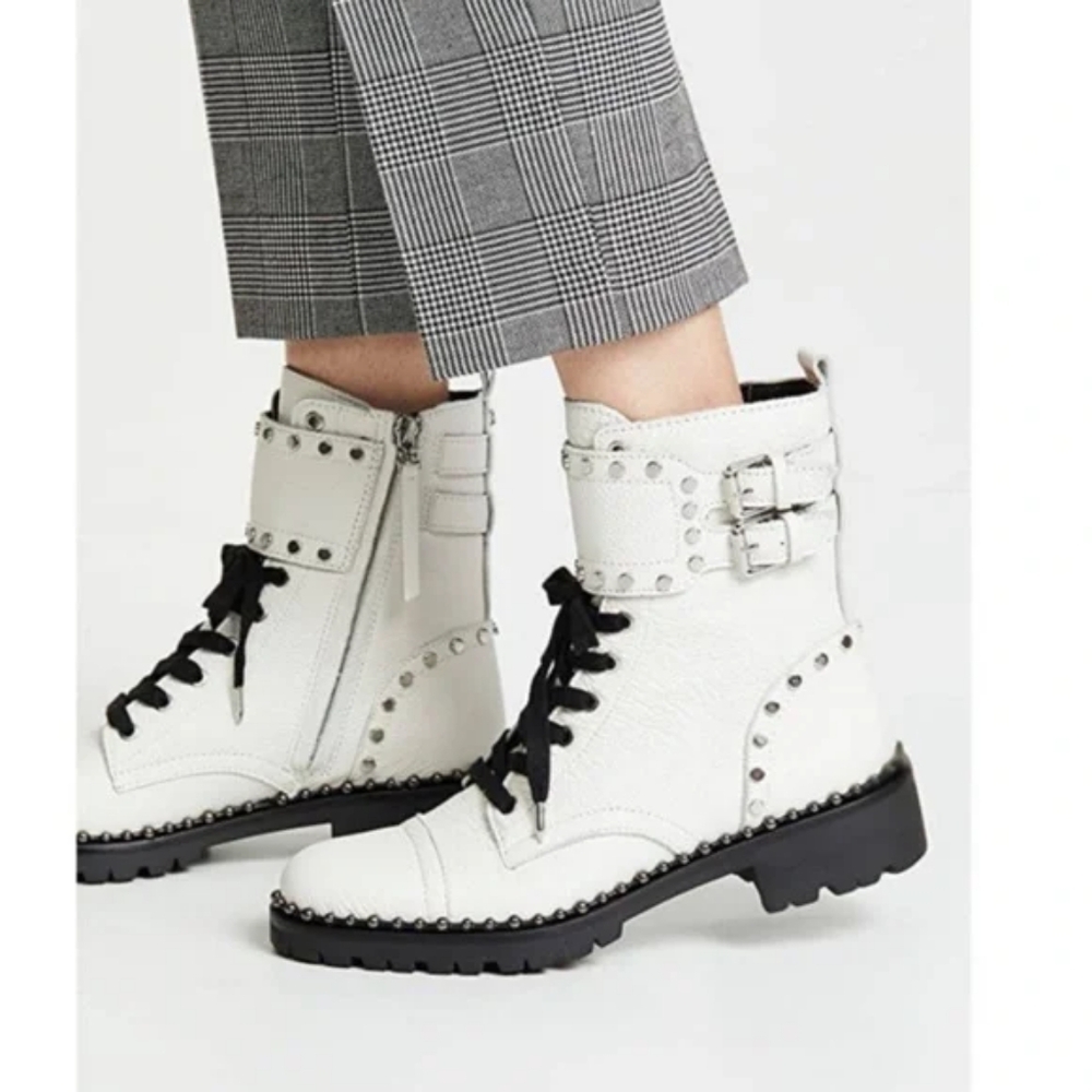 Sam Edelman White Leather Studded Combat-Style Ankle Boots with Black Laces